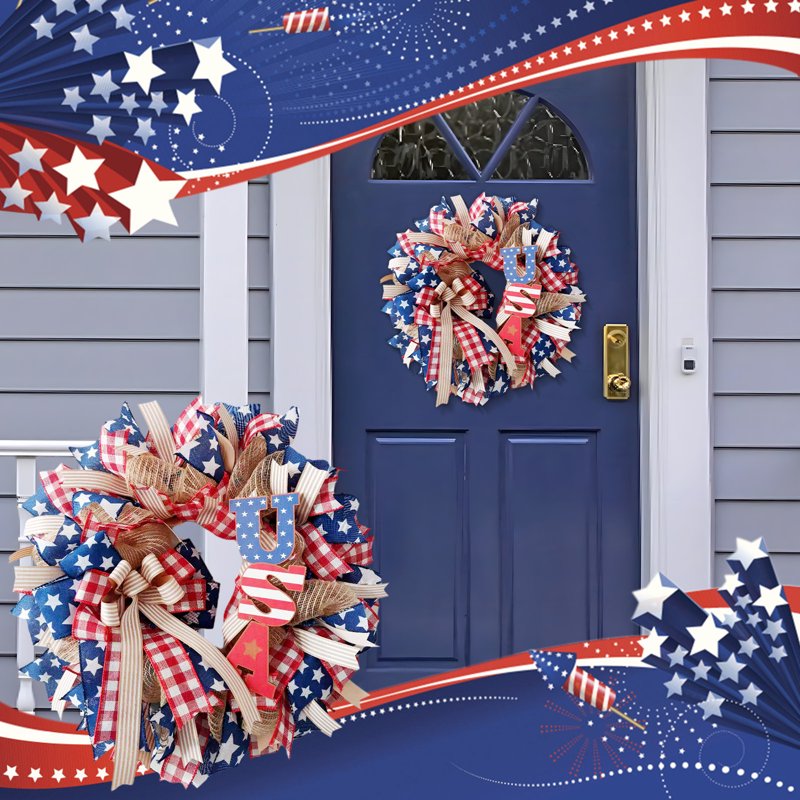 4th of July Patriotic Wreath for Front Door - Red White Blue Flower Wreath - Variation C