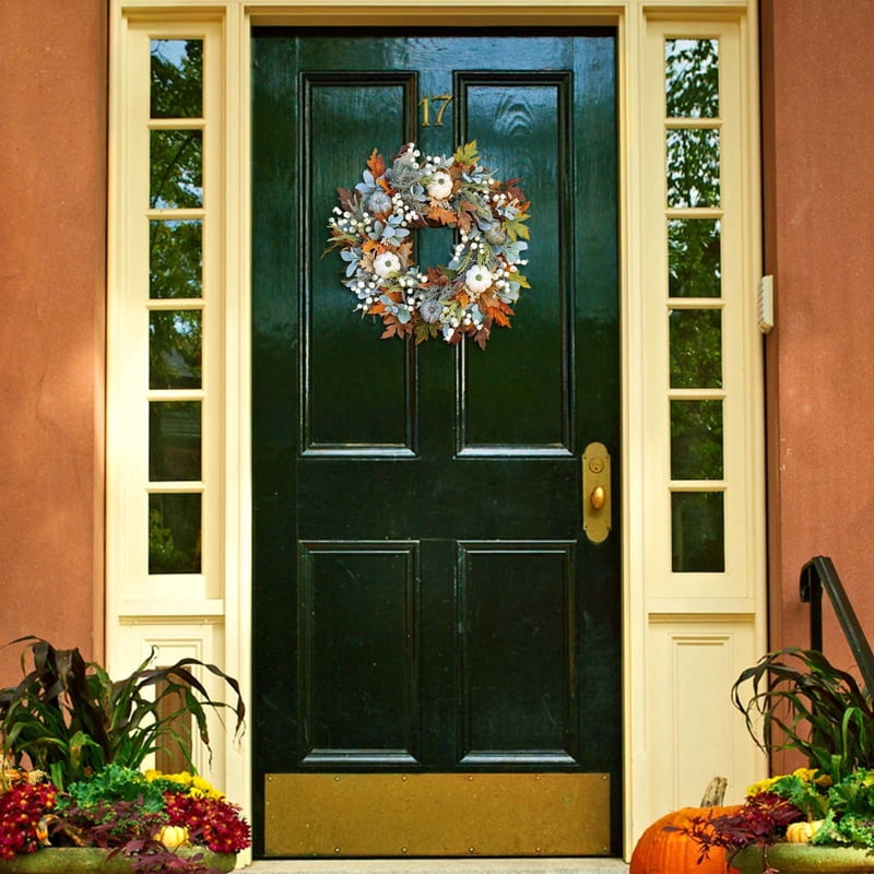 Halloween Fall Decor Wreath with Frosted Leaves Pumpkins and Berries - S Variation
