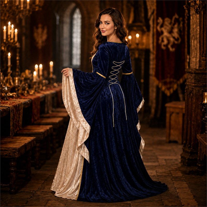 Women Gothic Witch Costume Dress - Silver, Halloween Vampire Renaissance Medieval Outfit M