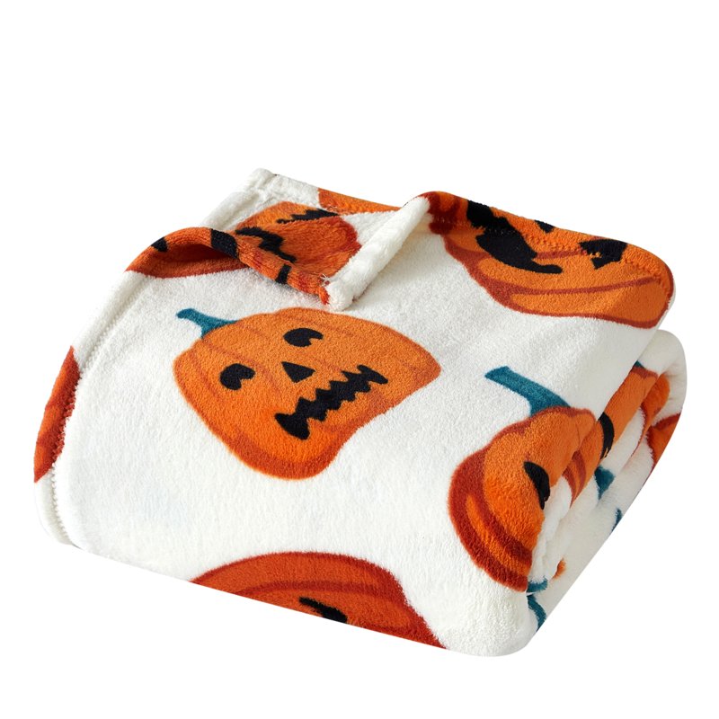 Halloween Jack-O'-Lantern Plush Oversized Couch Throw Blanket - Pumpkins, Cream & Orange, 50 x 72 in