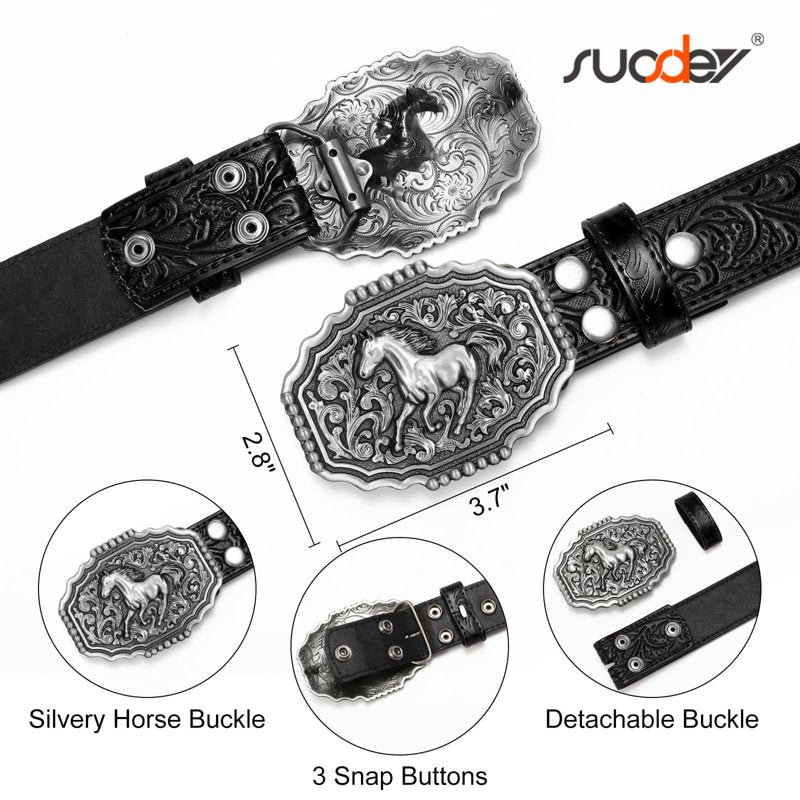 A-Black Slivery Horse Buckle Western Leather Belt for Men & Women 35-38 Inch Waist