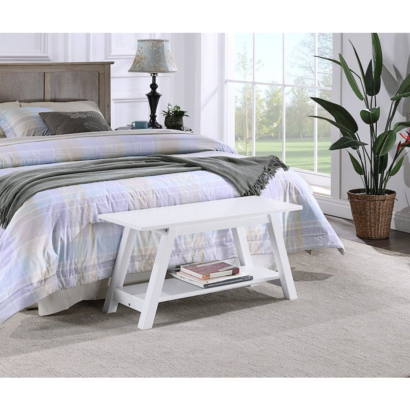 Elyz Solid Wood Bench with Shelf - 36 Inch Long, White