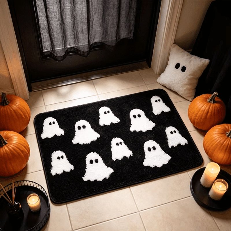 Halloween Ghost Bath Mat 23.6x15.7in Faux Fur Rug with Secure Grip Black Ghost