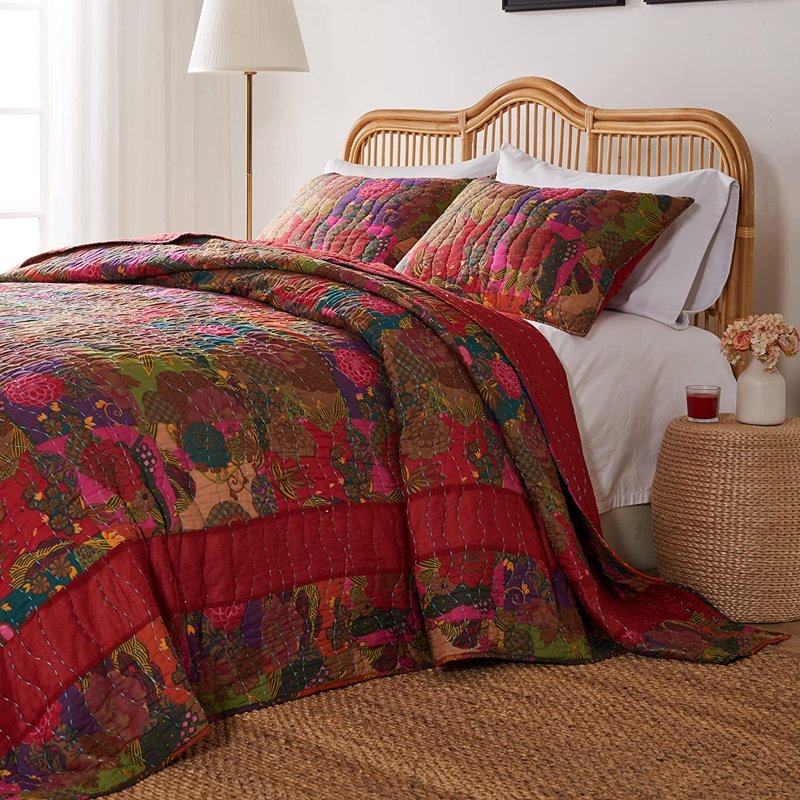 Queen Kantha-Style Cotton Reversible Bedspread Set - Jewel Tones, 3-Piece