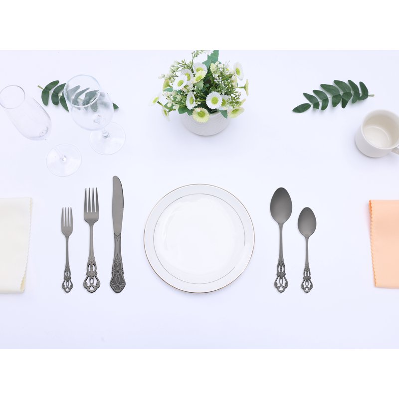 20-Piece Stainless Steel Floral Flatware Set - Black