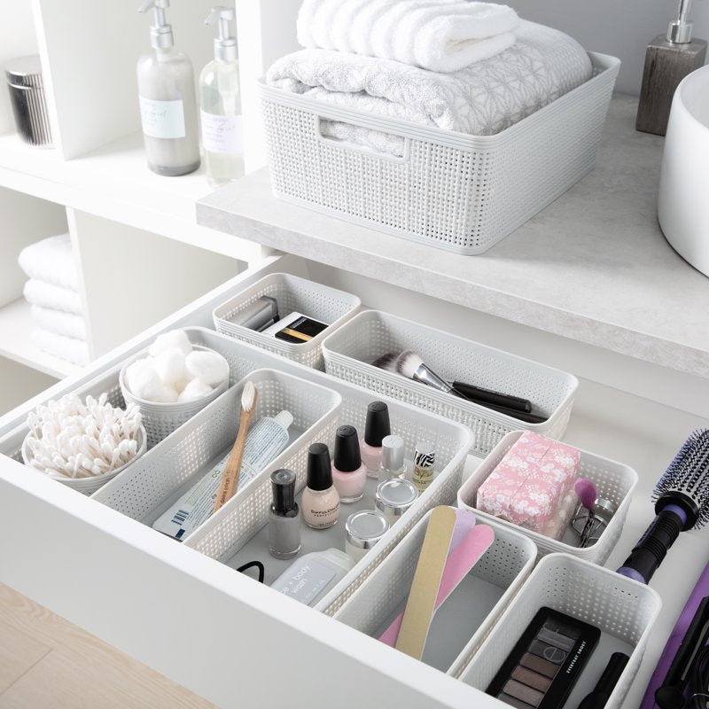 Simplify 6 Pack Multi-Size Plastic Storage Baskets in White - Organizing Set with Varied Shapes