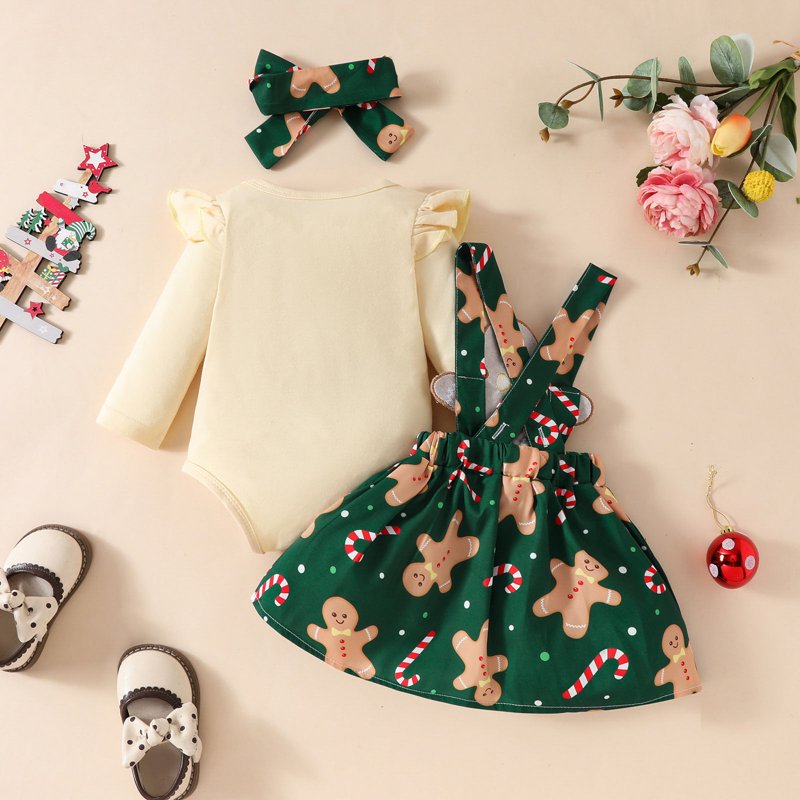 Baby Girl Christmas Outfit Long Sleeve Romper & Overalls Dress - White, 0-3 Months
