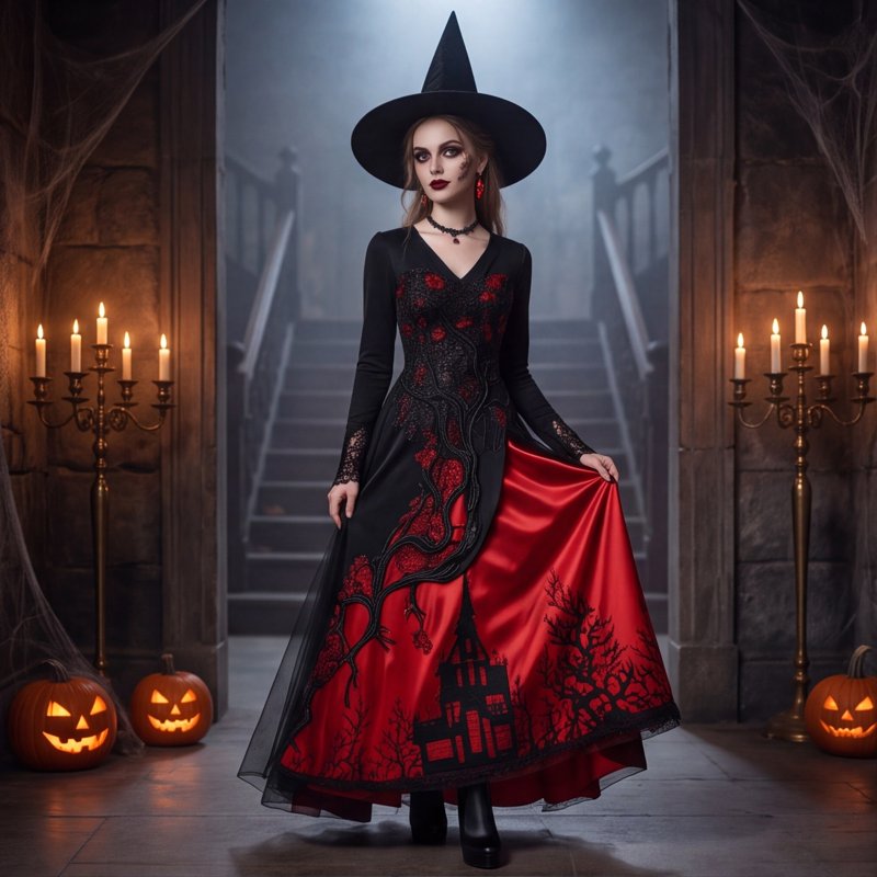 Women's Gothic Halloween Dress - Red S Tree Thorn Pattern Maxi Costume