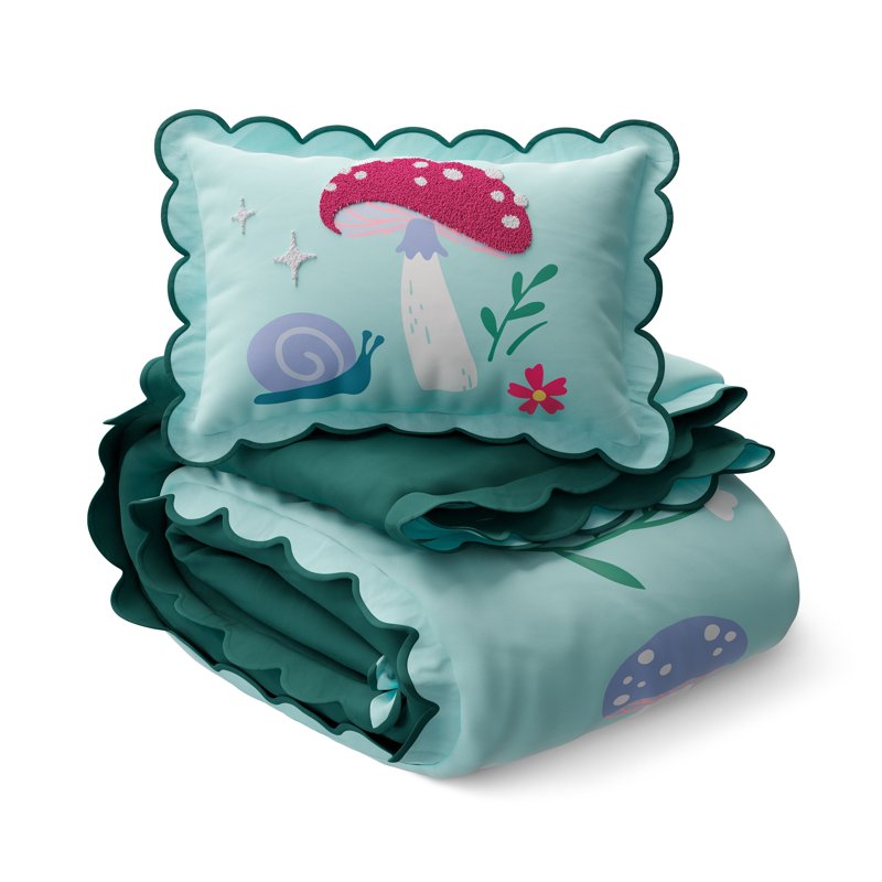Kids Fairy Garden Comforter Set Twin - Textured Unicorn & Mushrooms Bedding