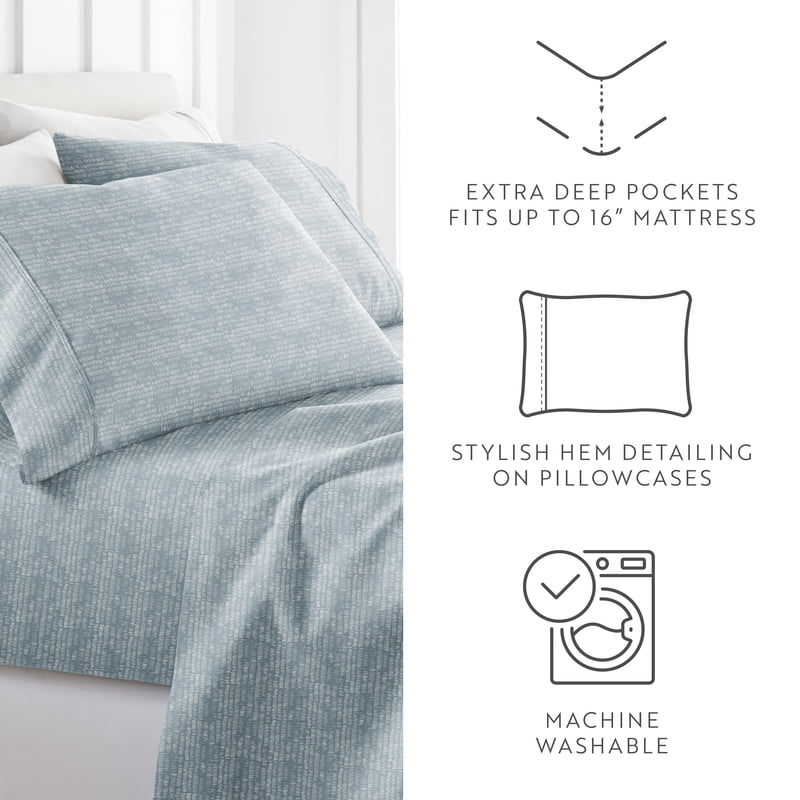 Full Microfiber Bed Sheets Set - Dashed Lines Light Blue Pattern, 4 Piece