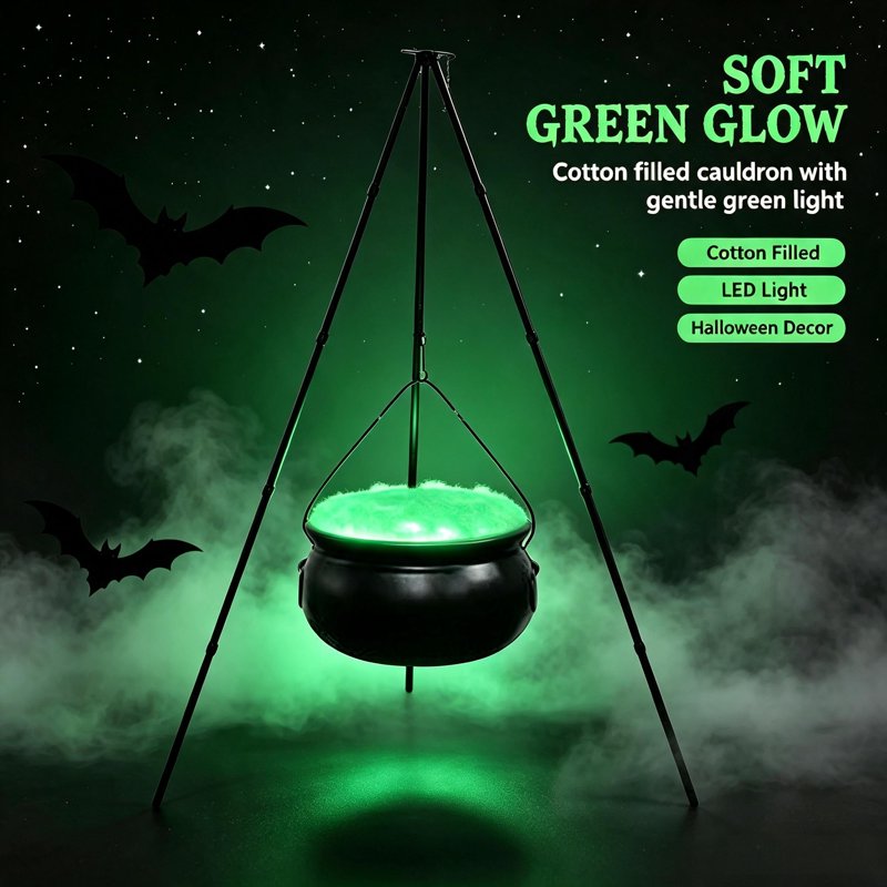 Halloween Outdoor Witch Cauldron with Tripod & Timer Lights - Black 51.1" x 7.87" - Spooky Yard Decor