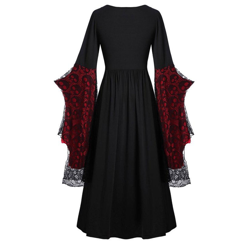 Halloween Gothic Dress for Women - Red Bandage V-Neck Vintage Long Sleeve AA-Red XXL