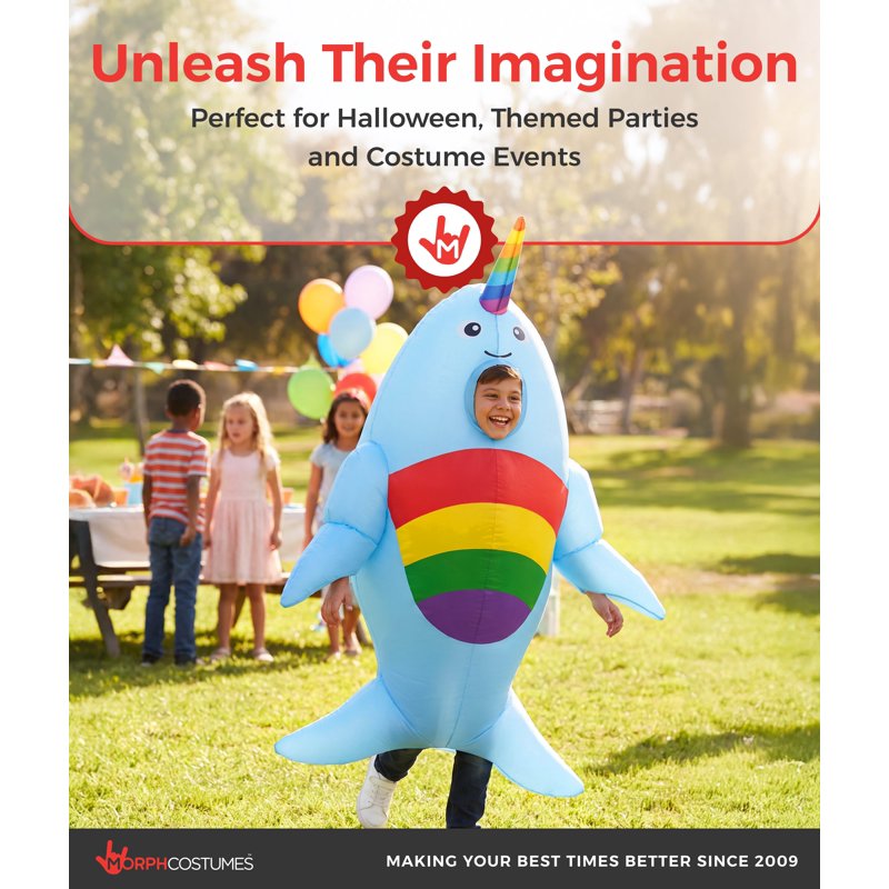 Kids Inflatable Narwhal Costume Rainbow Blow-Up Halloween Suit - Blue, One Size
