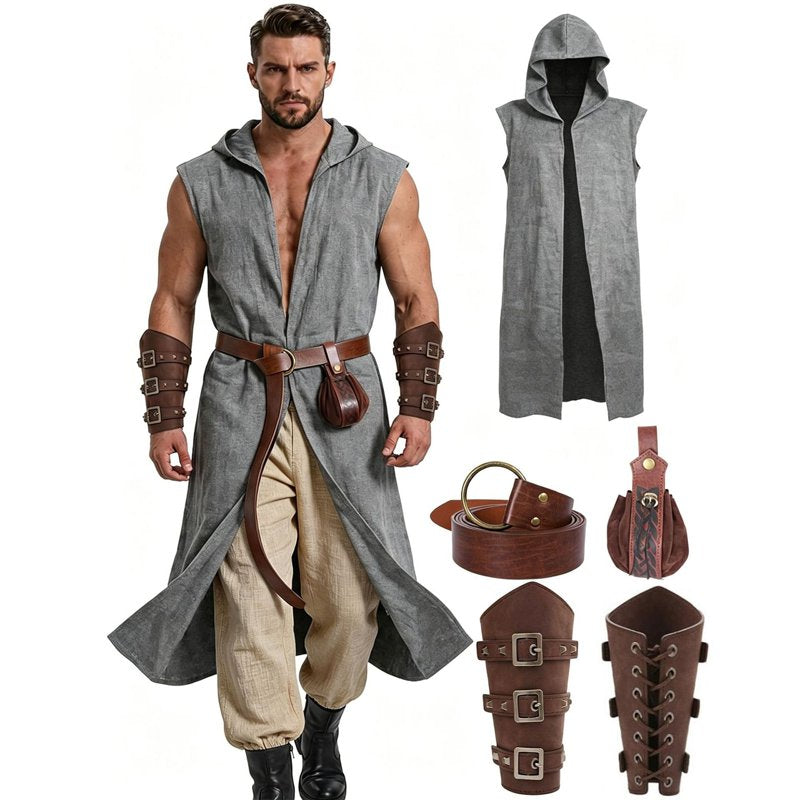 Gray Men's Medieval Viking Costume Set 5-Piece Halloween Cosplay with Cape & Bracers - 3XL