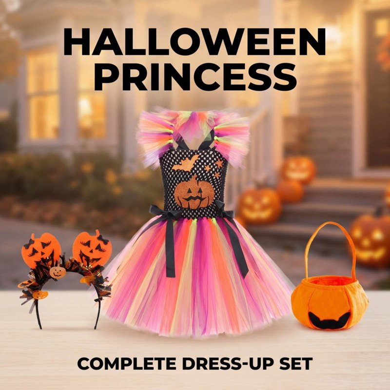 Multicolour Girls Halloween Costume Dress with Accessories for 9-10 Years - Princess Pumpkin Theme