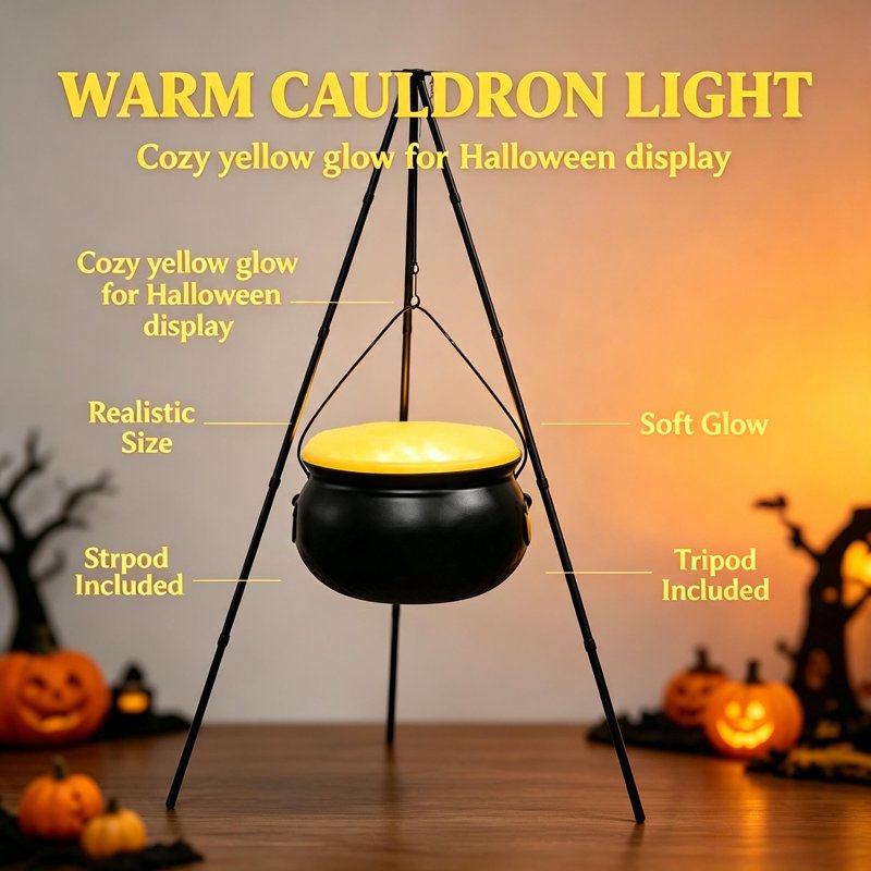Halloween Outdoor Decor Witch Cauldron with Tripod & Timer Lights - Beige 30.4 x 7.8 inches