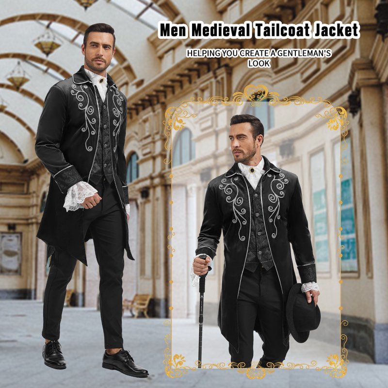 Men's Medieval Steampunk Tailcoat Jacket Gothic Victorian Frock Coat XL - Black