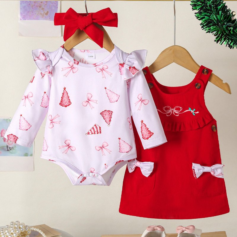 Baby Girl First Christmas Outfit A02-Red 3-6 Months Ruffle Romper & Suspender Dress Set