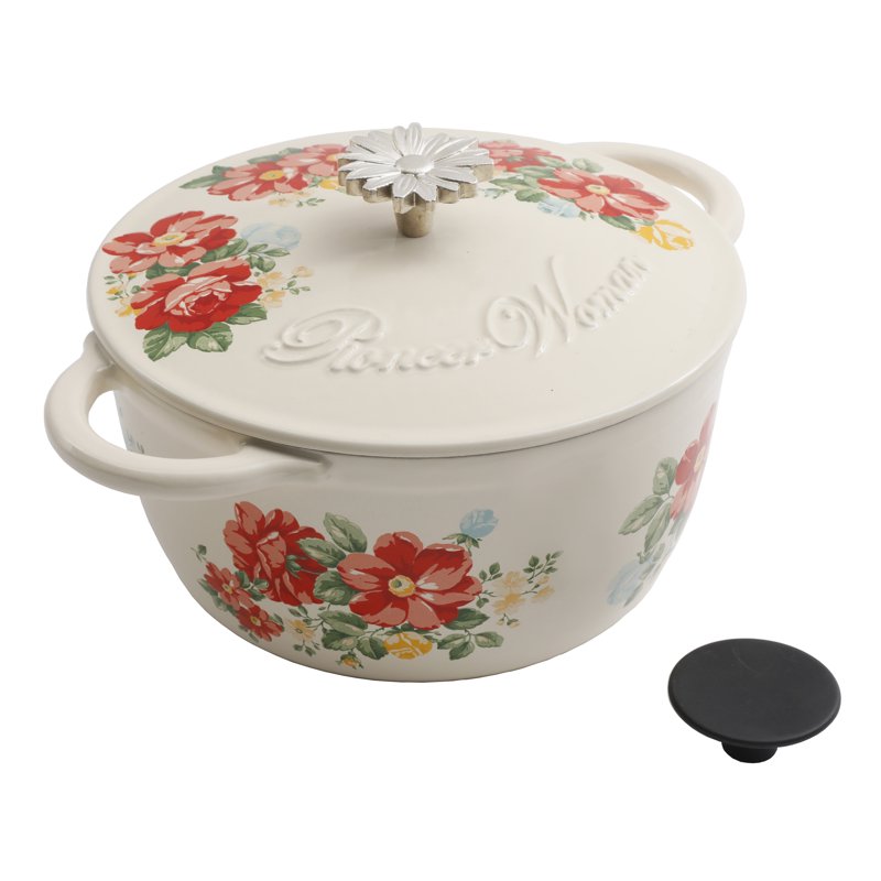 Vintage Floral Enameled Cast Iron 3-Quart Dutch Oven