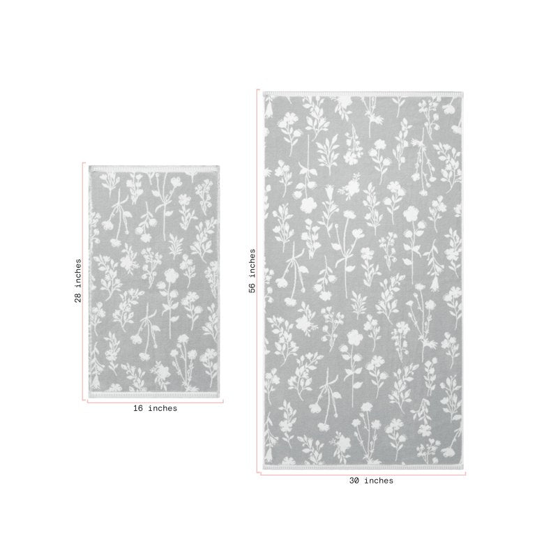 Blue 4-Piece Floral Bath Towel Set - 100% Cotton, Soft & Absorbent