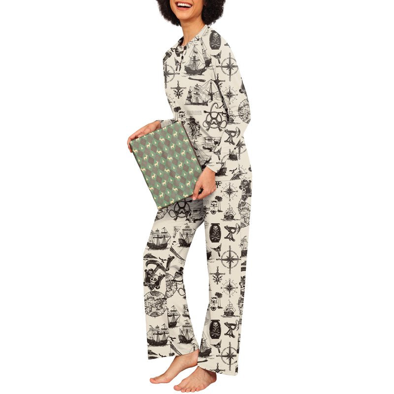 Beige Pirate Map Couple Pajama Set - Women L, Soft Sleepwear with Pockets