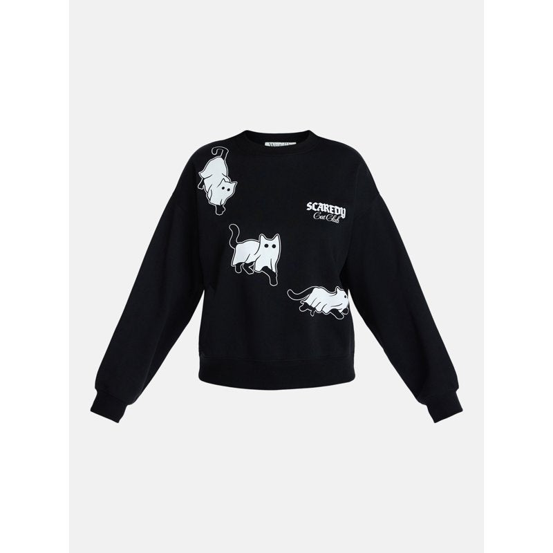 Women's Halloween Graphic Crew Pullover - Soot Black, Glows in Dark, Cozy Cotton-Polyester Knit, Sizes XXS-XXL