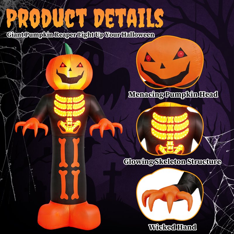 12 FT Halloween Inflatable Pumpkin with 3D Glowing Skeleton Chest and LEDs