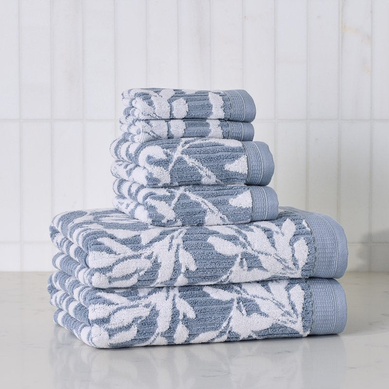 Soft Floral Towel Set - 6 Piece Blue Silver & Arctic White Bath Towels