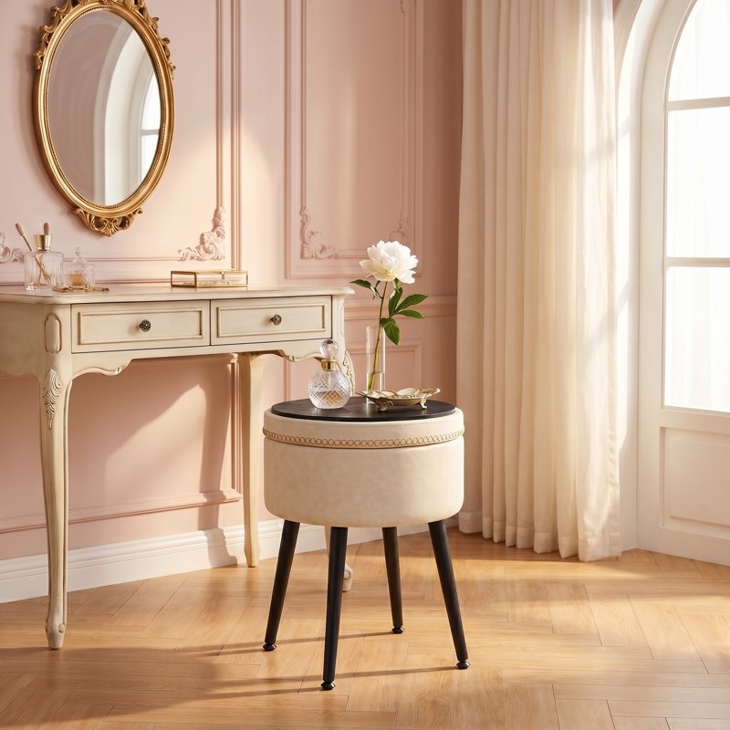 Round Storage Vanity Stool - Cream White with Hidden Compartment