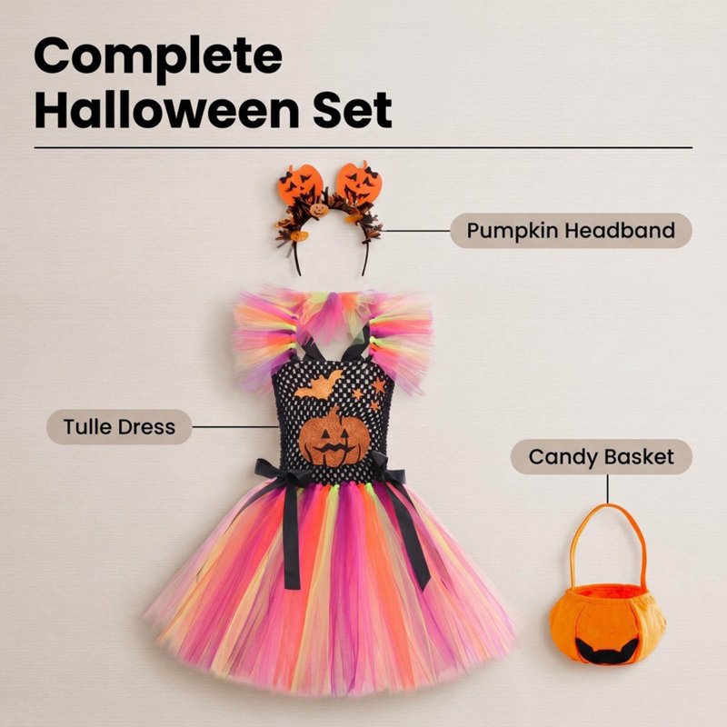 Multicolour Girls Halloween Costume Dress with Accessories for 9-10 Years - Princess Pumpkin Theme