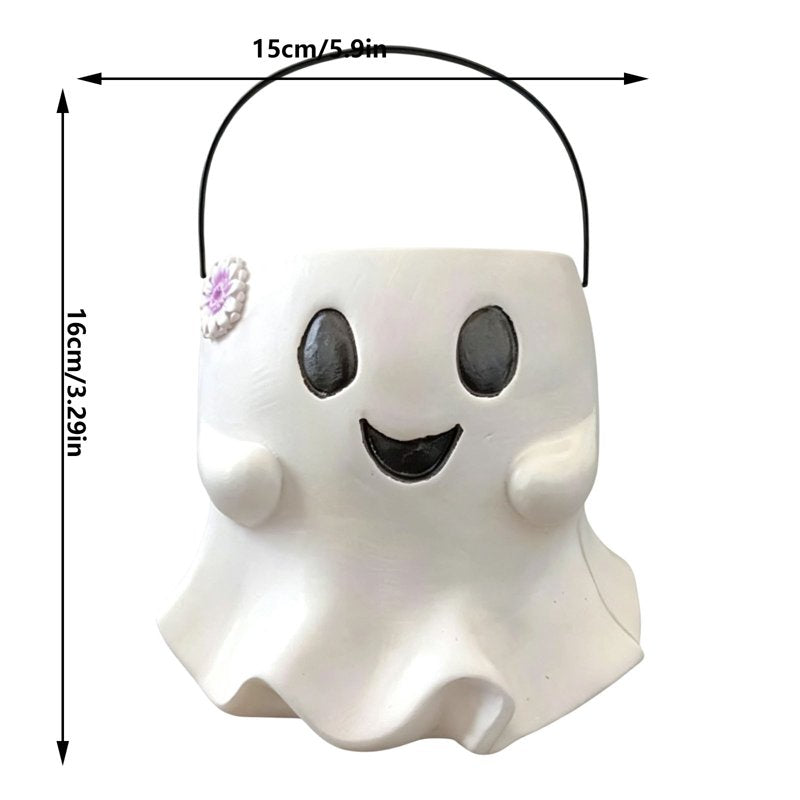 Halloween Ghost Candy Bucket - Cute Resin Treat Container with Handle - Variation #024