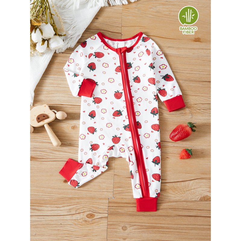 Baby Girl Pajamas 8#White Strawberry Bamboo Viscose Snug Fit Footless Sleep N Play Set 12-18 Months