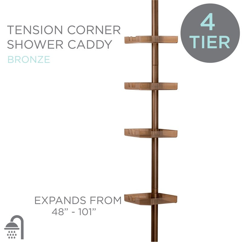 Corner Shower Caddy Organizer Tension Pole in Bronze - 4 Shelves, No Tools