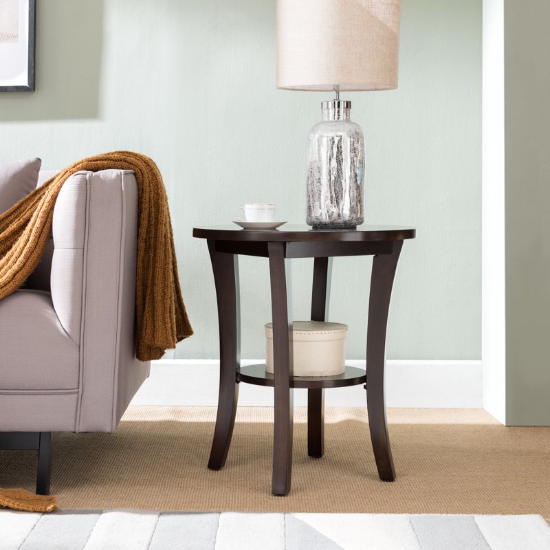 Solid Wood Round End Table with Shelf for Living Room
