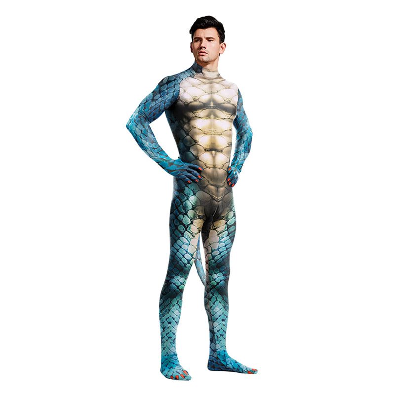 Blue Men's Full Body Dragon Costume Bodysuit with Wings Mask Tail 2XL Halloween