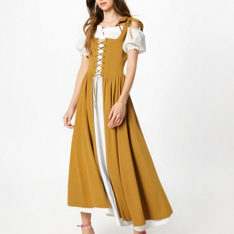 Women’s Renaissance Costume Dress Vintage Medieval Yellow XXL - Pirate Peasant Gown