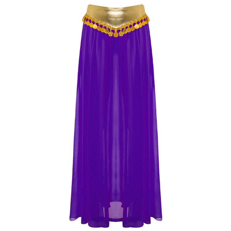 Women's Belly Dance Costume Set - Chiffon Skirt Purple XXL with Crop Top & Sleeves