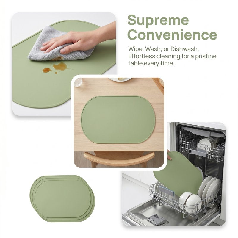 Silicone Placemats - 6 Pack Green 15" x 10" for Dining Table