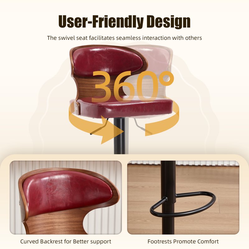 Swivel Bar Stools Set of 2 - Wooden Kitchen Chairs with Back, Wine Red