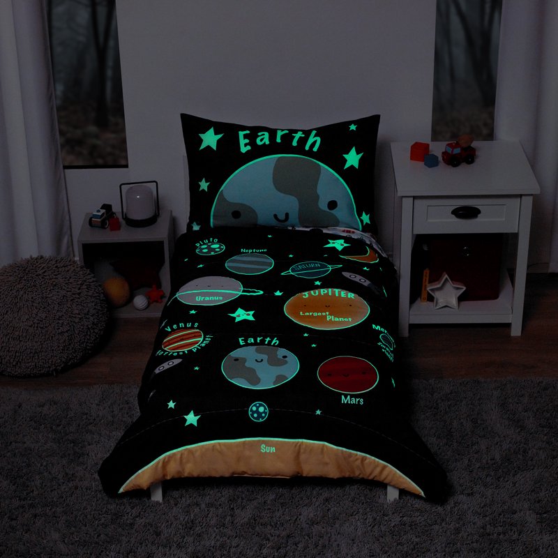 Parent's Choice Space Glow-in-the-Dark Toddler Bed Set - Comforter, Sheet & Reversible Pillowcase