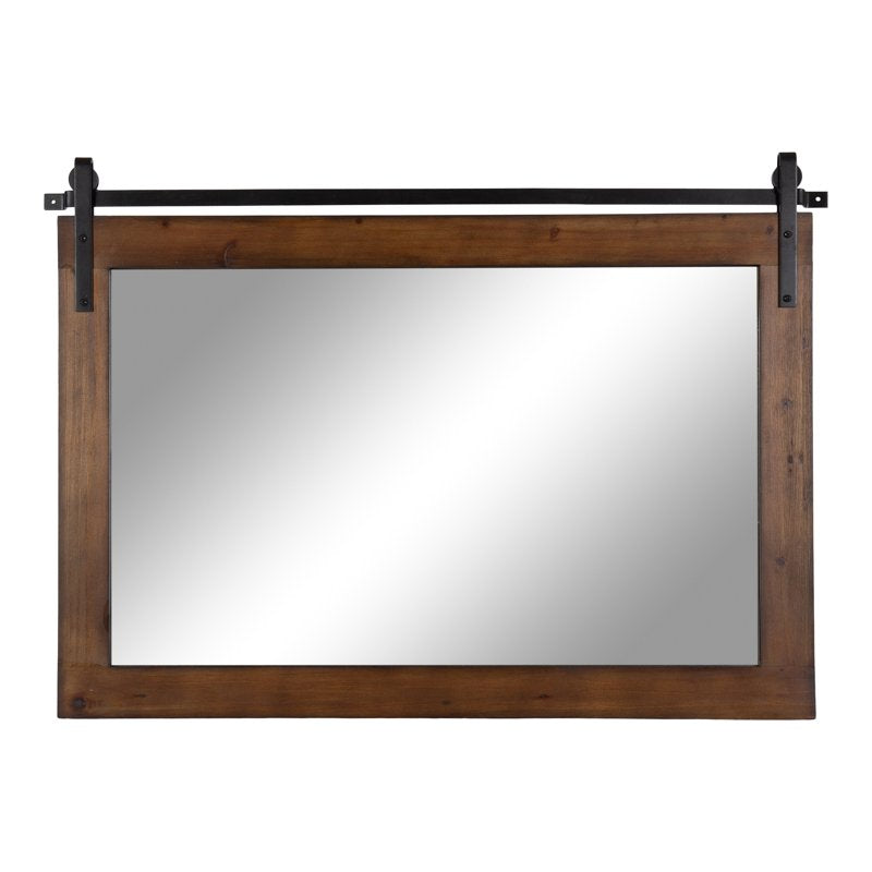 Farmhouse Wall Mirror with Barn Door Design - Walnut Brown, 38 x 27