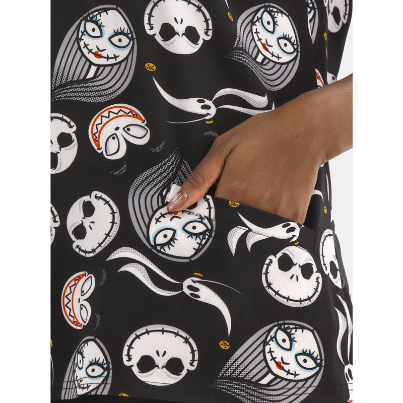 Nightmare Before Christmas Women's Graphic Scrub Top Black NBC M - Jack Sally Zero