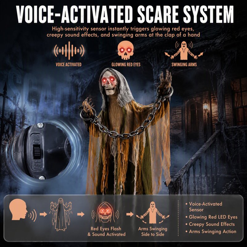 Weswose 6 Ft Animated Skeleton Prop - Black, Touch & Sound Activated Halloween Decor