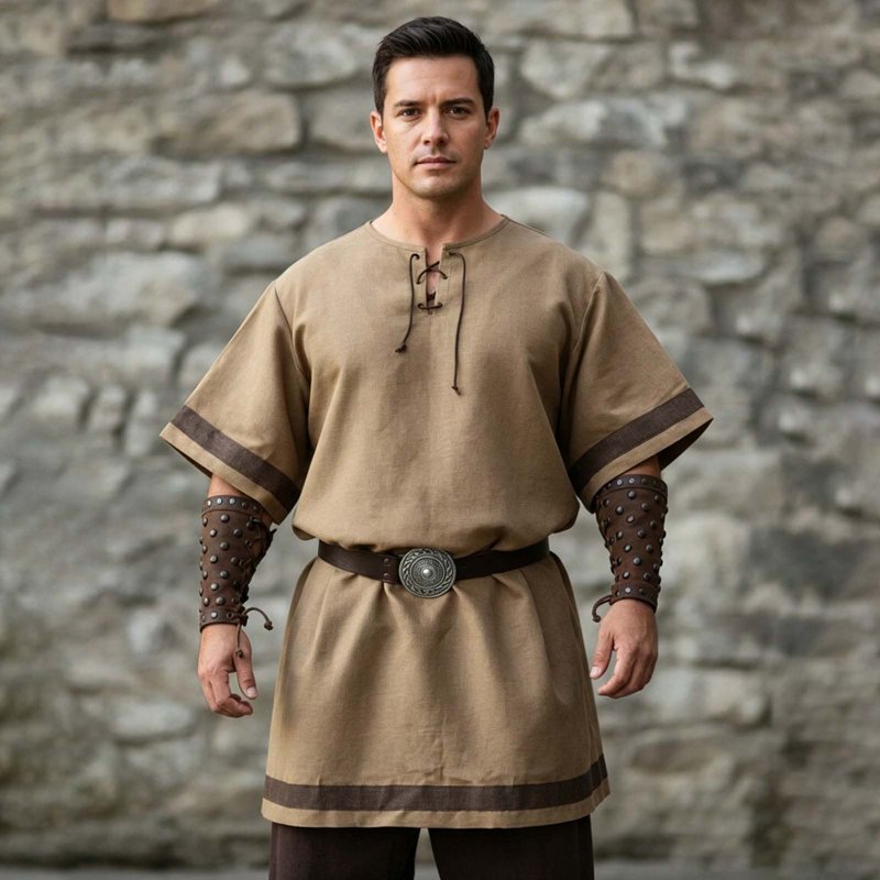 Men's Medieval Viking Surcoat Costume - Khaki L - Short Sleeve Halloween Cosplay