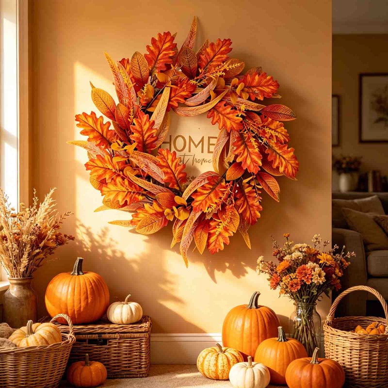 Thanksgiving Fall Front Door Wreath - Artificial Harvest Decor, Indoor Outdoor Wall Hanging - Variation 002-Thanksgiving