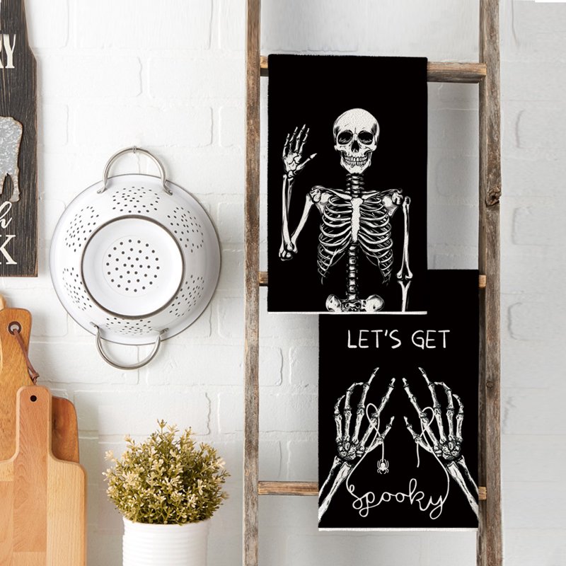 Spooky Skeleton Spider Bone Kitchen Dish Towels Set of 2 - 18x26 Inches, Variation C