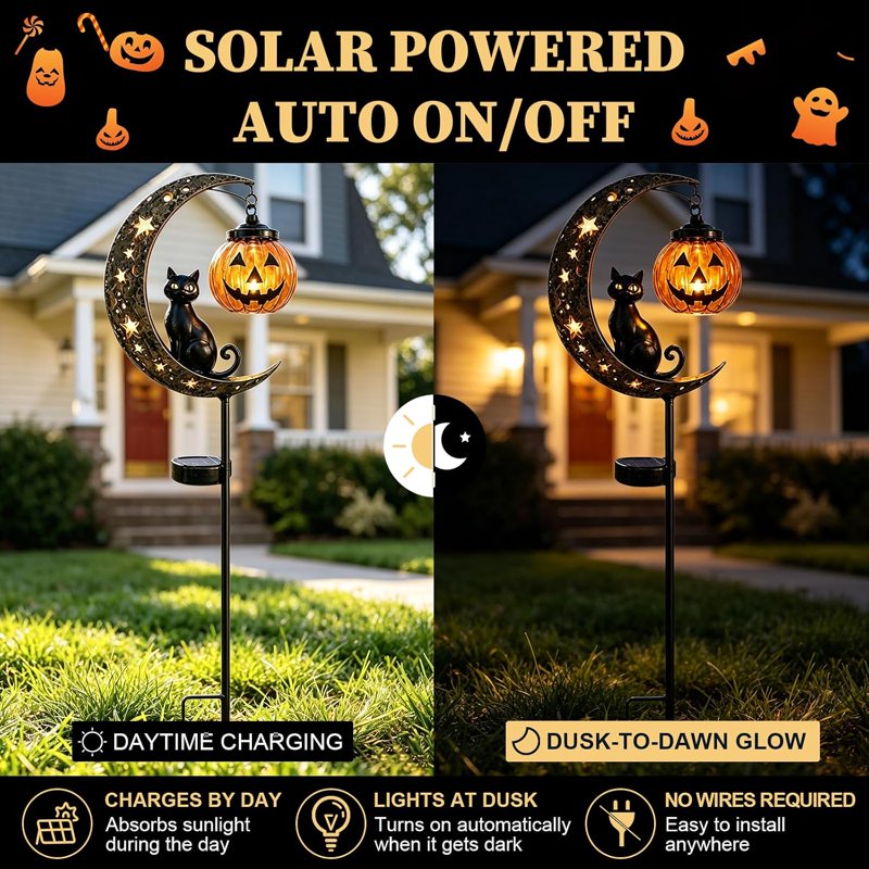 Solar Halloween Black Cat & Pumpkin Moon Garden Stake Light - Waterproof Metal Yard Decor - Variation B