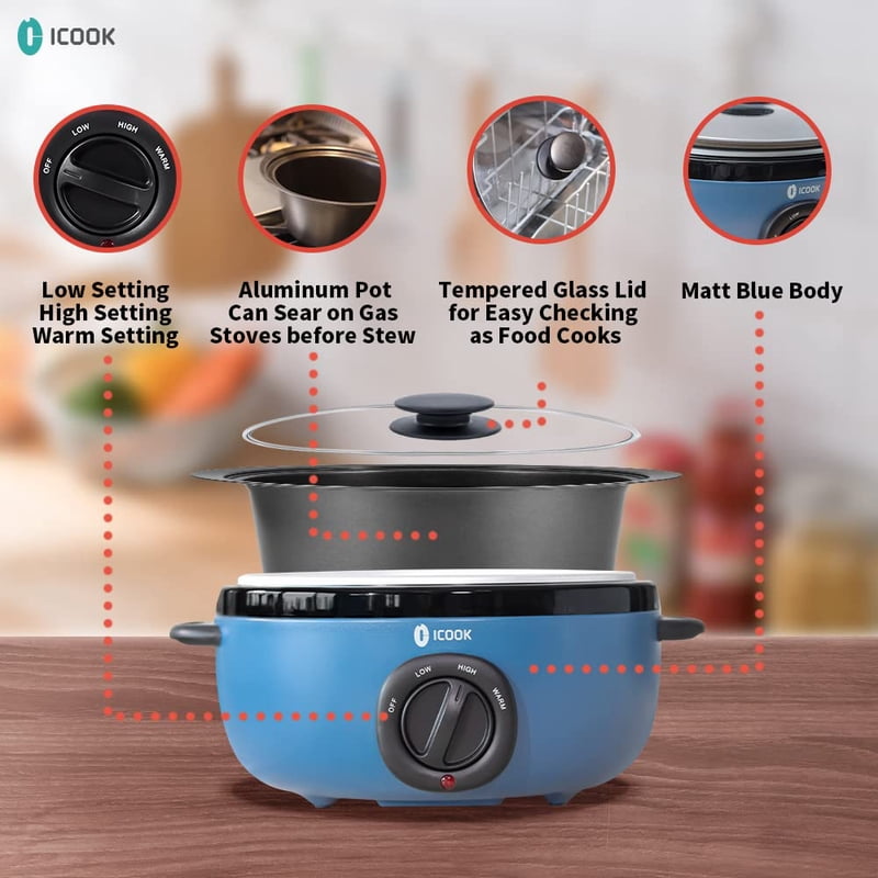 6.5 Quart Slow Cooker with Glass Lid & Adjustable Temperature Control - Blue