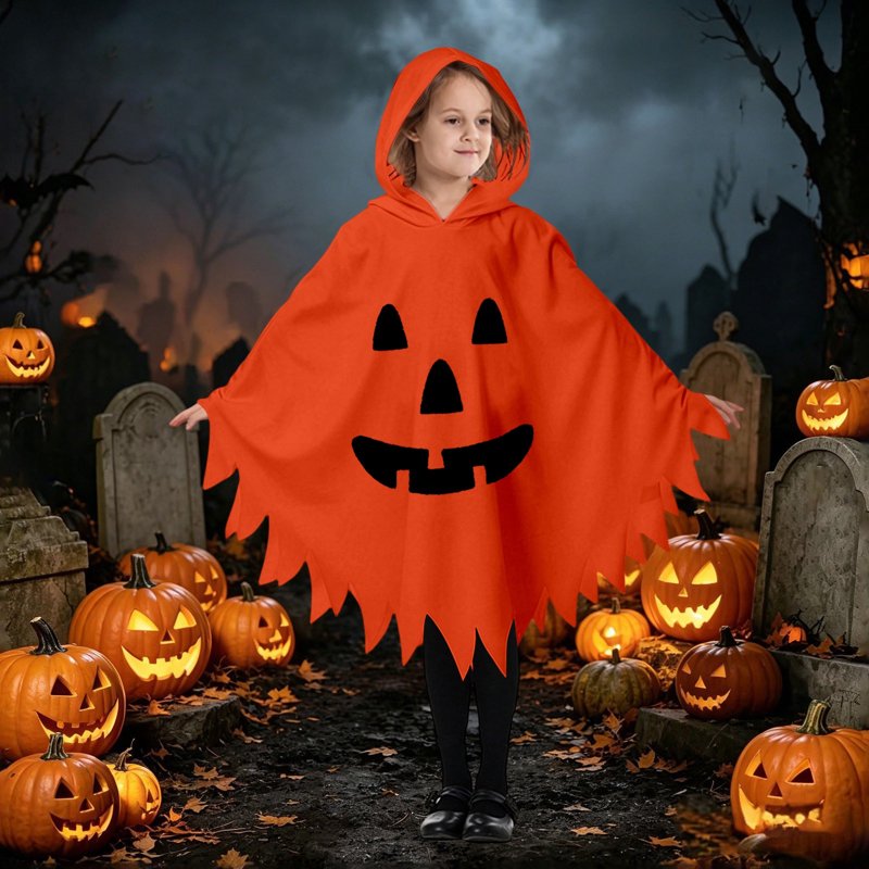 Kids Halloween Costumes Unisex Hooded Pumpkin Cape - Orange, 7-9 Years