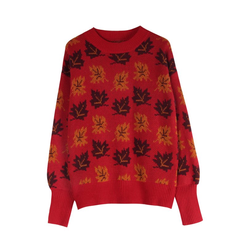 Women’s Y2K Maple Leaves Print Sweater - Red S Crewneck Fall Winter Knit Pullover